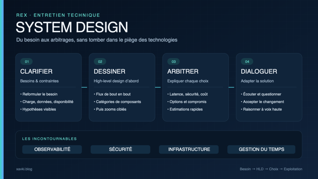 Méthode pour réussir un entretien de System Design : clarifier, dessiner, arbitrer et dialoguer