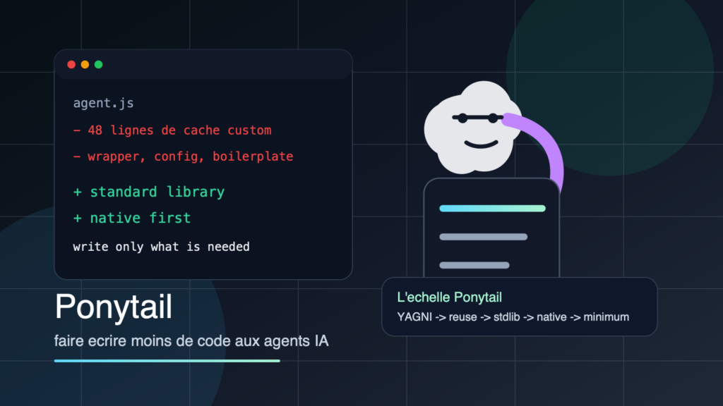 Banniere Ponytail montrant un terminal, une echelle de decision et une silhouette de developpeur